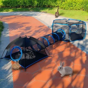 3-in-1 Portable Mesh Pet Fence Playhouse Multi-Animal Cage with Tunnel Indoor Outdoor Easy Setup for Cats And Small Animals