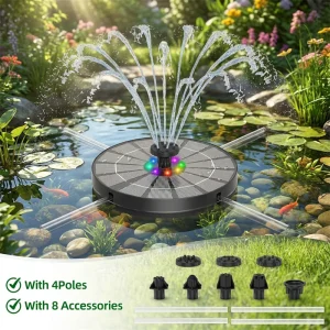 3.5W Outdoor Solar Fountain Pump With LED Light Solar Bird Bath Fountain Built-in 3000mhA Battery with 8 Nozzles for Garden Pond