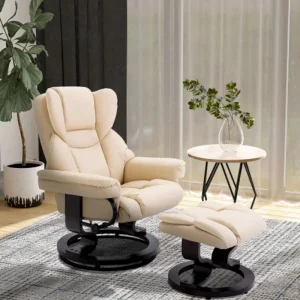 360° Swivel Recliner Chair with Footstool, PU Leather Manual Recliner Armchair with Solid Wood Base,Upholstered Reclining Chair