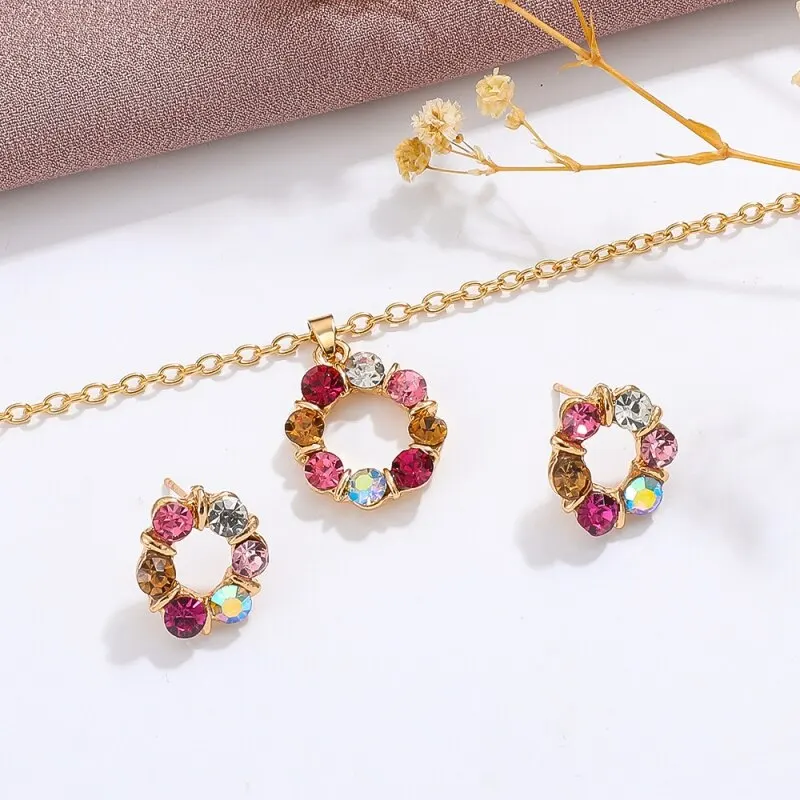 3pcs Gold Necklace Earrings Set Ladies Celebrity Simple Fashion Style Exquisite Stained Glass Diamond Circle Shape Jewelry - Image 2