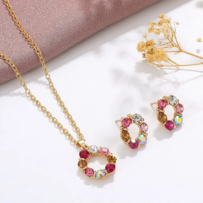 3pcs Gold Necklace Earrings Set Ladies Celebrity Simple Fashion Style Exquisite Stained Glass Diamond Circle Shape Jewelry - Image 5