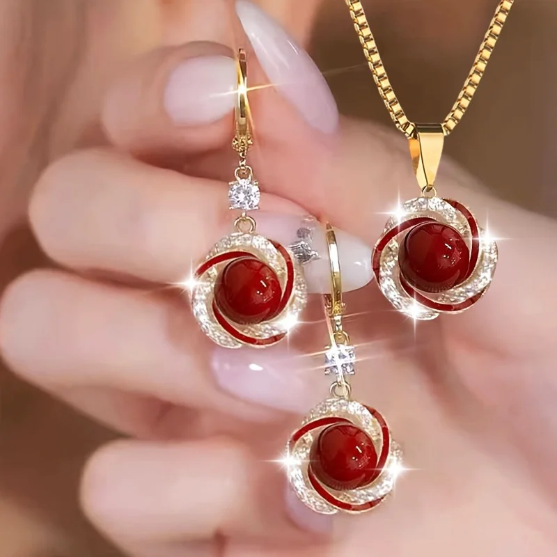 3pcs Shining Zircon Flower Jewelry Sets for Women Light Luxury Imitation Pearl Pendant Necklace Earrings Banquet Party Jewelry - Image 2