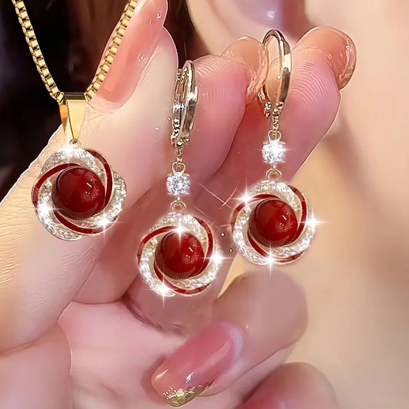 3pcs Shining Zircon Flower Jewelry Sets for Women Light Luxury Imitation Pearl Pendant Necklace Earrings Banquet Party Jewelry - Image 3