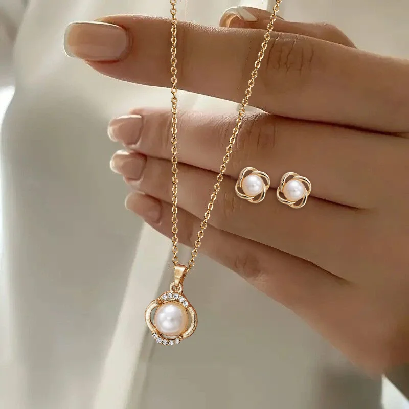 3pcs Shining Zircon Flower Jewelry Sets for Women Light Luxury Imitation Pearl Pendant Necklace Earrings Banquet Party Jewelry - Image 5