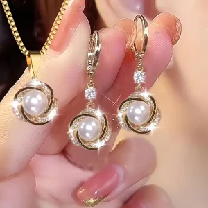 3pcs Shining Zircon Flower Jewelry Sets for Women Light Luxury Imitation Pearl Pendant Necklace Earrings Banquet Party Jewelry