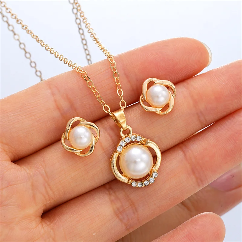 3pcs Shining Zircon Flower Jewelry Sets for Women Light Luxury Imitation Pearl Pendant Necklace Earrings Banquet Party Jewelry - Image 6