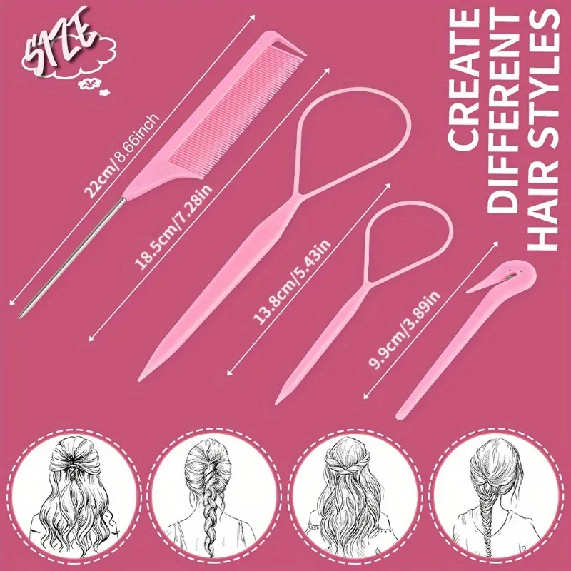 4/5pcs/Set Hair Loop Tool Set 2pcs French Braid Tool Loop 1pc Rat Tail Comb 1pc Elastic Hair Rubber Bands Remover Cutter - Image 4