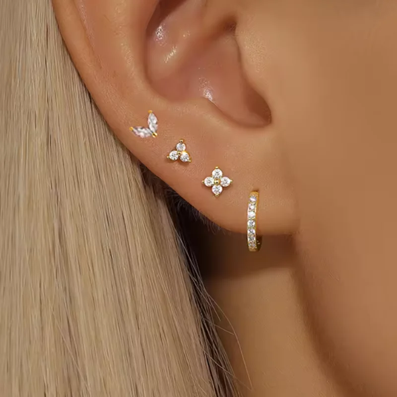 4PCS 18K Gold Plated Flower Round Piercing Earrings Set For Women Stainless Steel Zircon Punk Stud Earring Trendy Jewelry aretes - Image 2
