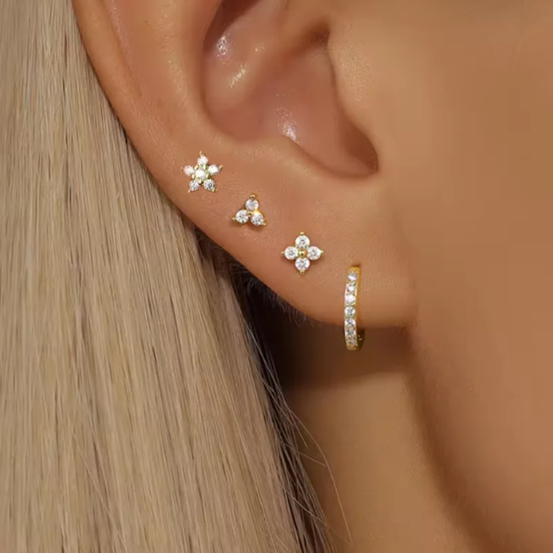 4PCS 18K Gold Plated Flower Round Piercing Earrings Set For Women Stainless Steel Zircon Punk Stud Earring Trendy Jewelry aretes - Image 4