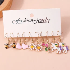 5 pairs Love Heart Flower Drop Earrings for Women Girls Bee Unicorn Earrings Party Holiday Jewelry Gifts