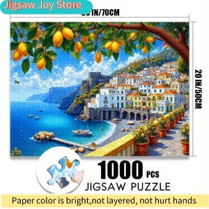500/1000pcs Mediterranean Coastal Scene Jigsaw Puzzle - Vibrant Lemon Tree & Idyllic Village View, DIY Art Puzzle for Focus &