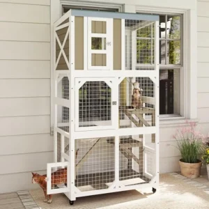 64 Large Wooden Catio Outdoor Cat Enclosure with Wheels and 3 Platforms Weatherproof Roof Design for Multiple Cats Durable and