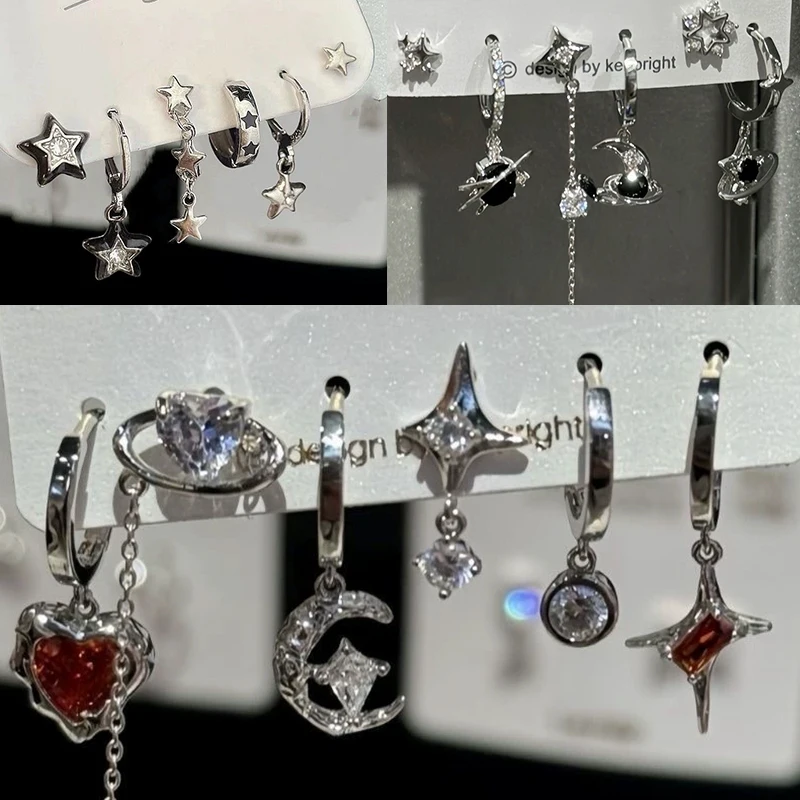6PCS Pendant Earrings For Men Women Grunge Y2K Jewelry Accessories SET Goth Punk Vintage Aesthetic Crystal Heart Moon Cross Star - Image 3