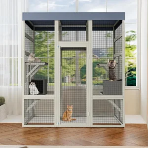 70" Large Outdoor Catio Wood Cat Enclosure With 5 Platforms 2 Resting Box Waterproof UV-Resistant Roof Lockable Doors For Home