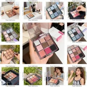 8 Styles 9-Color Glitter Eyeshadow Palette - Long-Lasting Rose and Pink Shades, Metallic Finish, Matte and Shimmer Eye Pigment M