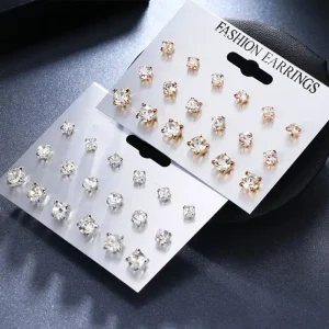 9-Pairs Sparkling Classic Stud Earrings Set for Women，Rhinestone Studded, Perfect for Everyday Wear and Festive Celebrations