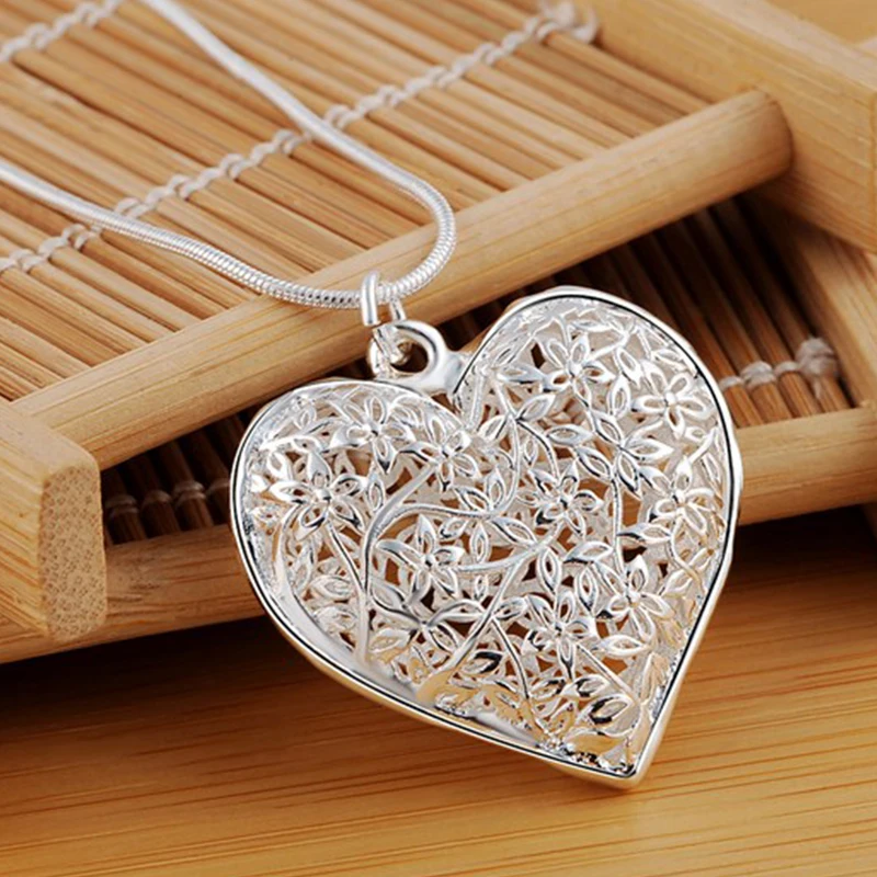 925 Sterling Silver 18-30 Inch Carved Heart Pendant Snake Chain Necklace For Women Fashion Wedding Party Charm Jewelry - Image 3