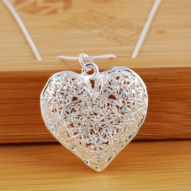 925 Sterling Silver 18-30 Inch Carved Heart Pendant Snake Chain Necklace For Women Fashion Wedding Party Charm Jewelry - Image 2
