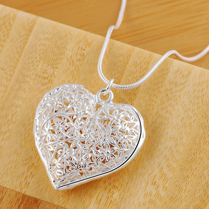 925 Sterling Silver 18-30 Inch Carved Heart Pendant Snake Chain Necklace For Women Fashion Wedding Party Charm Jewelry - Image 4