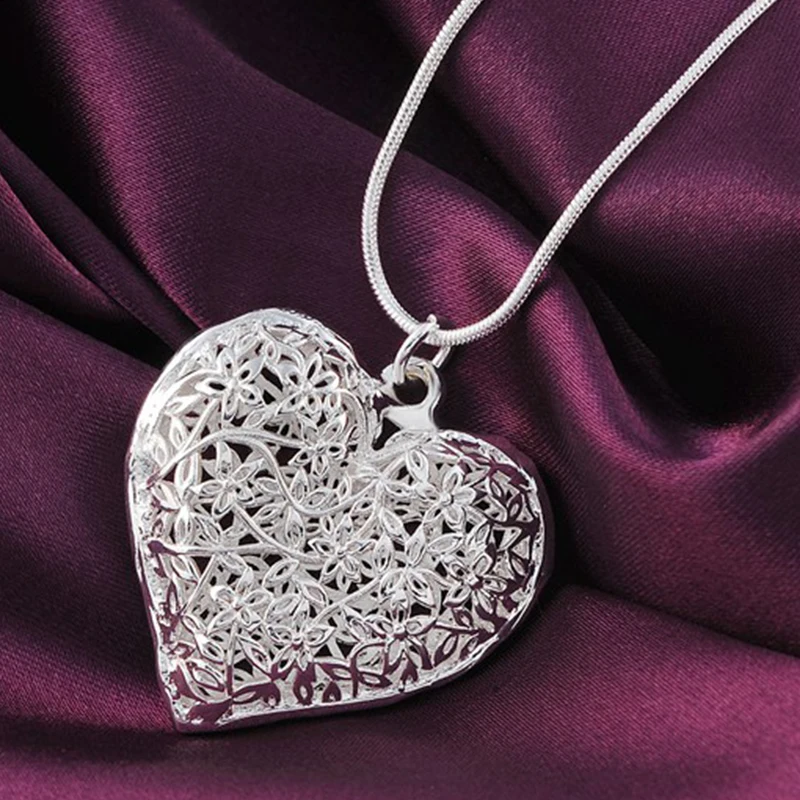 925 Sterling Silver 18-30 Inch Carved Heart Pendant Snake Chain Necklace For Women Fashion Wedding Party Charm Jewelry