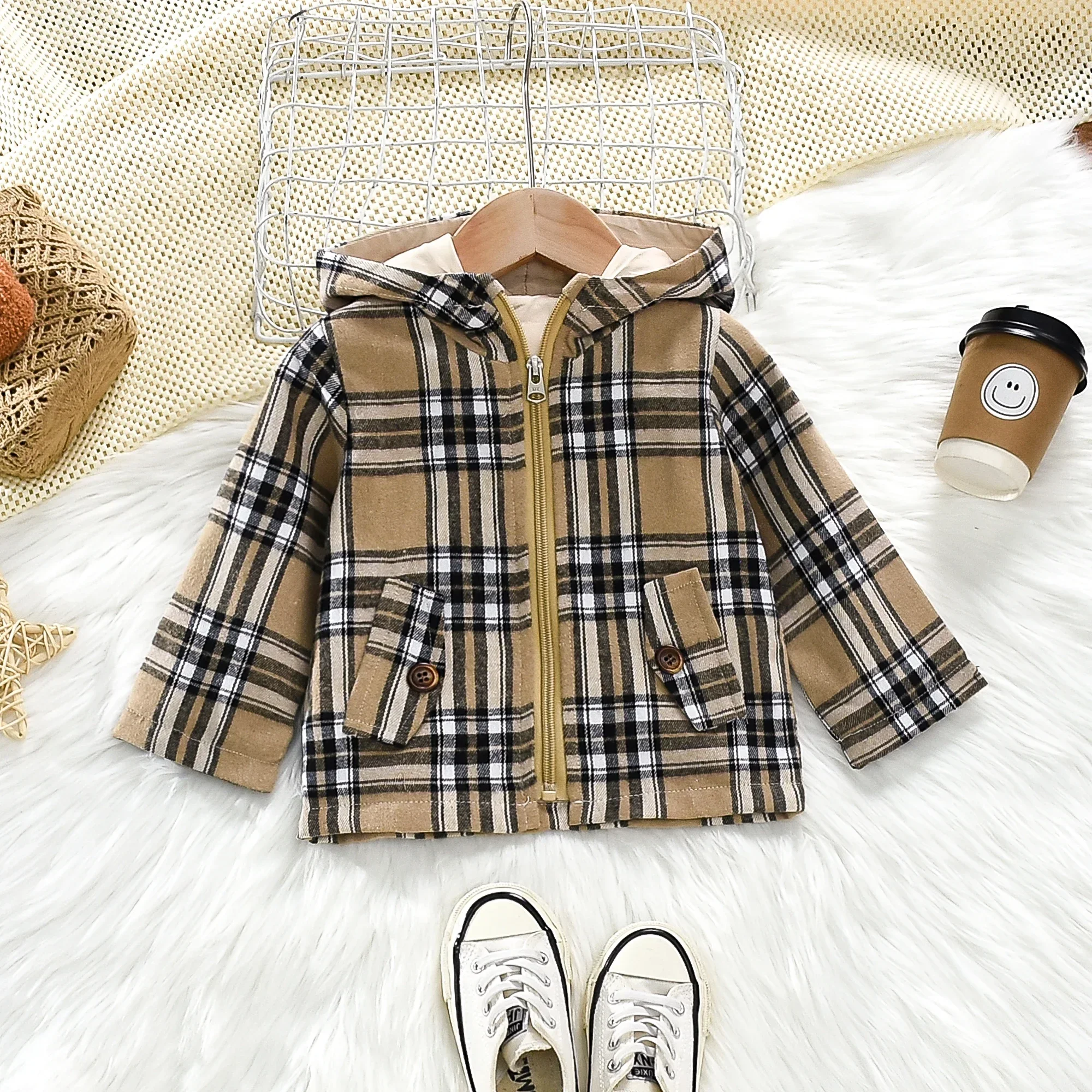 Baby Autumn Coat Fashion Plaid Hooded Long Sleeved Woolen Children'S Clothing Suitable for 0-3 Years Old - Image 2