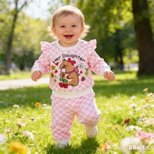 Baby Girl Casual Set Cute Capybara Printed Pink Checkered Long Sleeve Pants 2 Pieces/set Suitable for Cute Baby Girls 0-3 Years