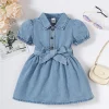 Baby Girl Fashion Dress Bubble Sleeve Lapel Jeans Casual Dress+Belt Summer Birthday Party Costumes for 1-3 Years Toddler Girl