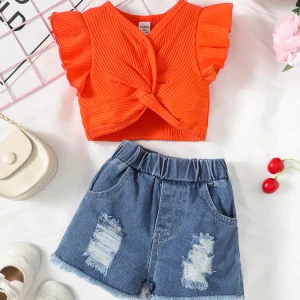 Baby Girls Summer Solid Color Flying Sleeve Lace Sleeve Design V-Neck Top With Ripped Pockets Elasticated Waist Baggy Jeans