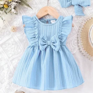 Baby girl Summer Blue dress with Ruffled Edges and Bow, Sweet and Cute Style Dress suitable for 0-3 Year old Cute Baby girls