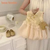 Bear Leader Summer Sweet Girls Clothes Sleeveless Baby Clothing Frog Button Splicing Mesh Print Chinese Style Children's Dress