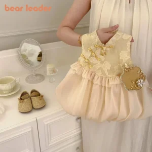 Bear Leader Summer Sweet Girls Clothes Sleeveless Baby Clothing Frog Button Splicing Mesh Print Chinese Style Children's Dress