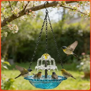 Bird Feeder Hanging Bird Bath with Fountain Outdoor Bird Drinking Tray with Hook for Garden Backyard Yard Patio Wildlife Feeder