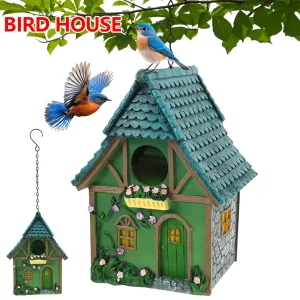 Bird House Resin Hanging Outdoor Bird Box with Chain Hook Weatherproof Finch House Exquisite Garden Decoration for Outdoor Yard