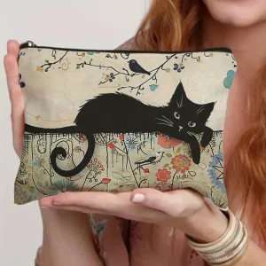 Black Cat Floral Zipper Pouch Durable,Cosmetic Bag, Gift for Sisters, Friends, Cat Lovers | Vibrant Design Makeup Bag Organizer