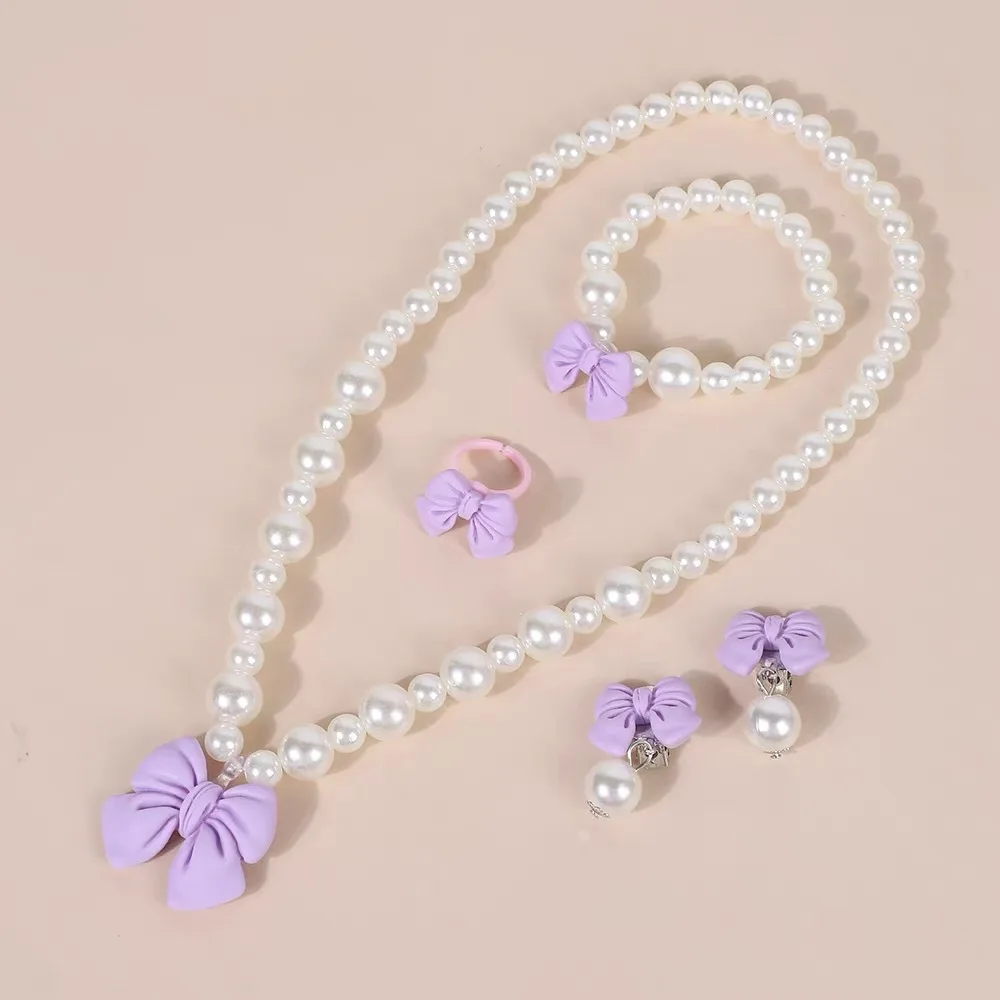 Children's Butterfly Knot Necklace Bracelet Ring Earring Set No Piercing Required Princess Jewelry Girls Accessory Kit - Image 3