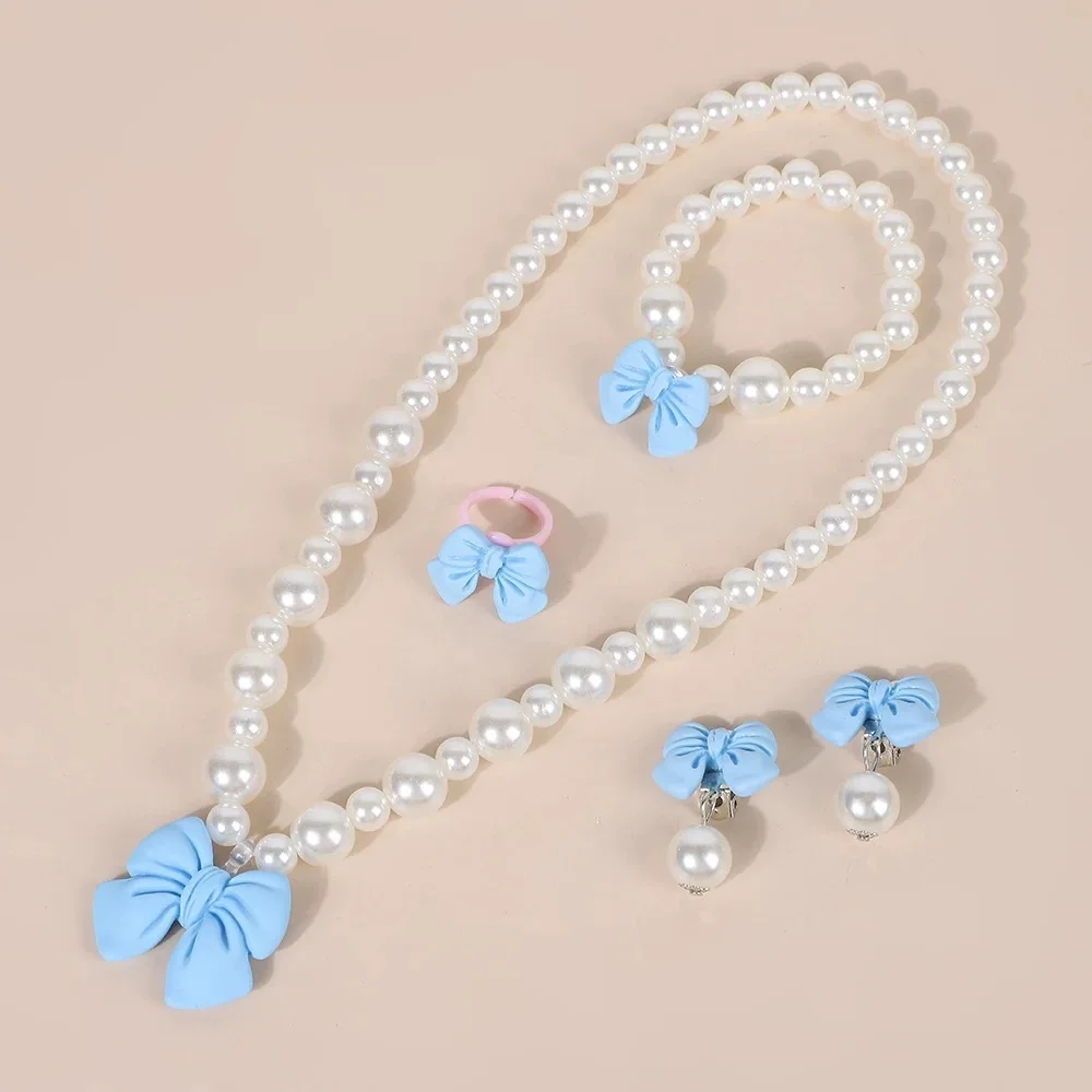 Children's Butterfly Knot Necklace Bracelet Ring Earring Set No Piercing Required Princess Jewelry Girls Accessory Kit