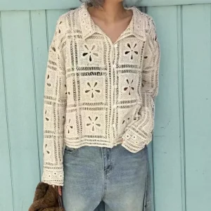 Crochet Lace Cardigan for Women Long Sleeves Button-up Polo Collar Openwork Knitted Jacket Boho Chic Spring Summer 2026