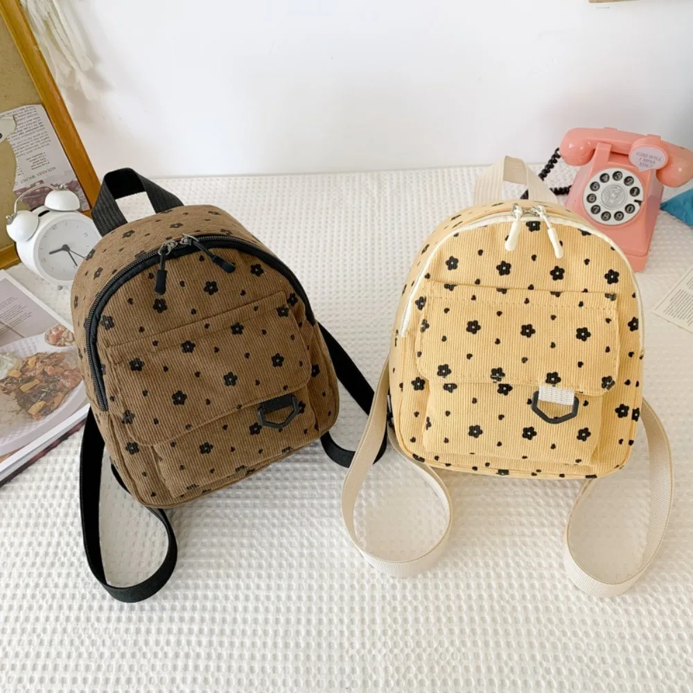 Cute Flower Print Small Backpacks Lightweight Multiple Pocket Corduroy Mini Backpack Ladies Fashion Women Shoulder Bag 4Colors - Image 2