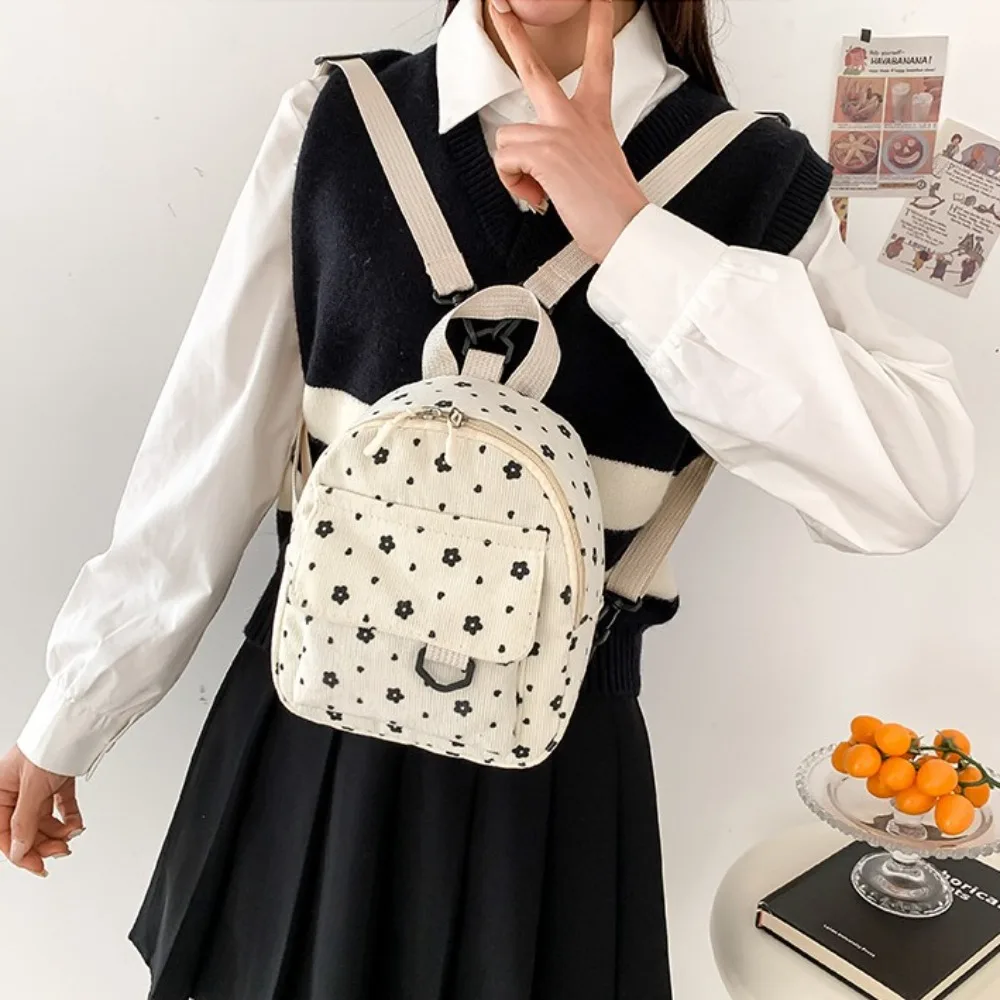 Cute Flower Print Small Backpacks Lightweight Multiple Pocket Corduroy Mini Backpack Ladies Fashion Women Shoulder Bag 4Colors - Image 4