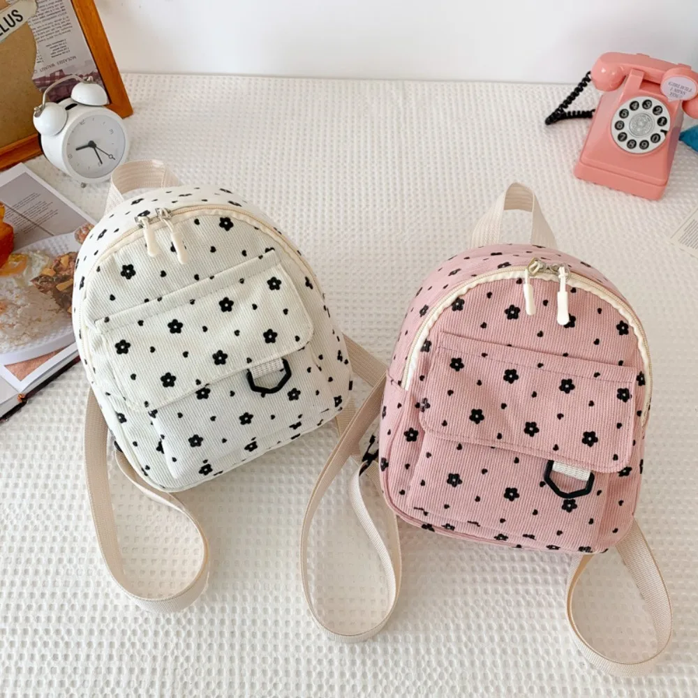 Cute Flower Print Small Backpacks Lightweight Multiple Pocket Corduroy Mini Backpack Ladies Fashion Women Shoulder Bag 4Colors - Image 3