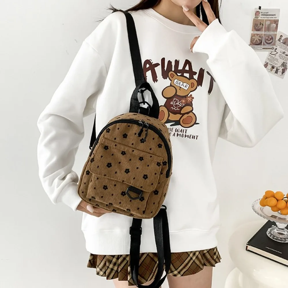 Cute Flower Print Small Backpacks Lightweight Multiple Pocket Corduroy Mini Backpack Ladies Fashion Women Shoulder Bag 4Colors - Image 5