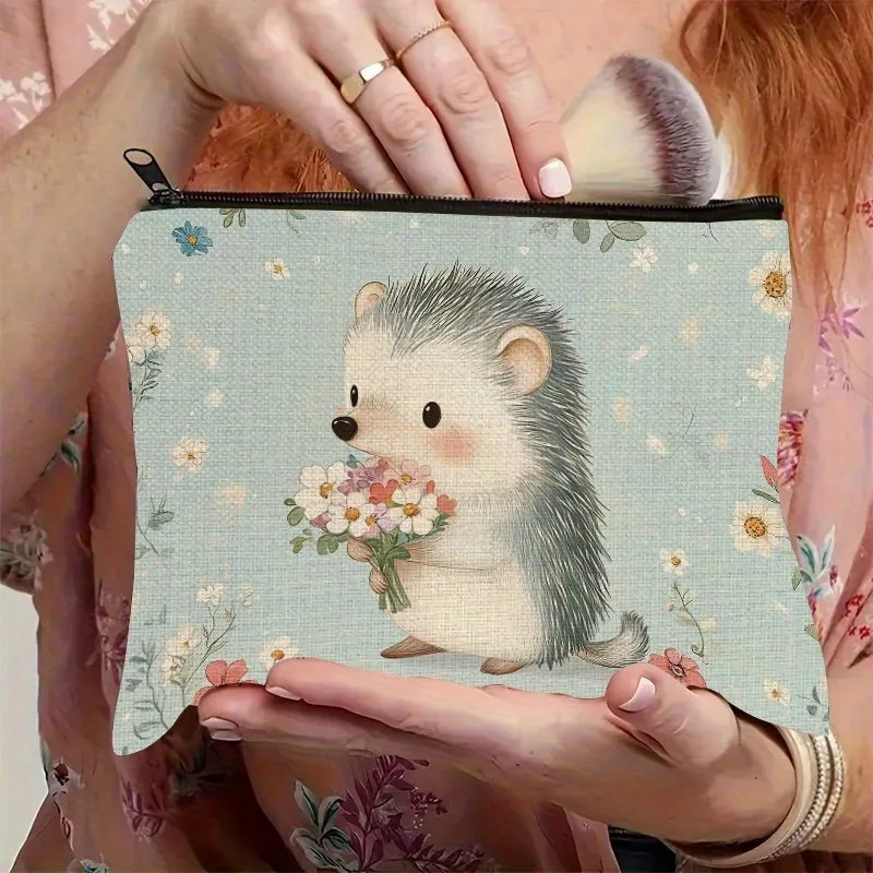 Cute Hedgehog & Floral Design Pouch Lightweight Foldable Travel Cosmetic Bag Zippered Makeup Organizer for Women Toiletry Bags - Image 2