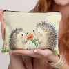 Cute Hedgehog & Floral Design Pouch Lightweight Foldable Travel Cosmetic Bag Zippered Makeup Organizer for Women Toiletry Bags