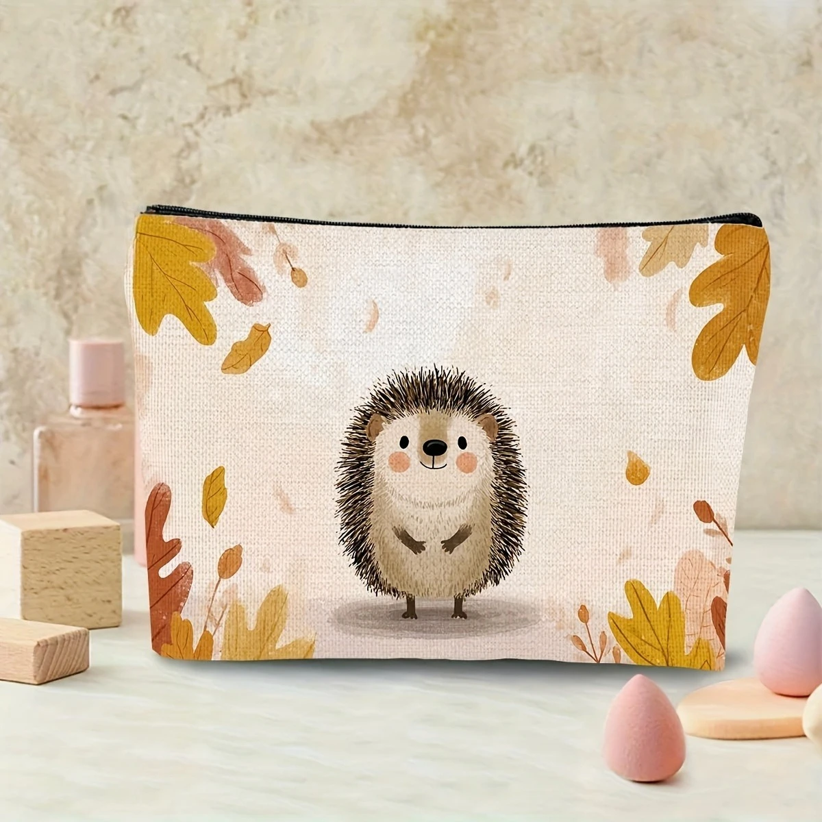 Cute Hedgehog & Floral Design Pouch Lightweight Foldable Travel Cosmetic Bag Zippered Makeup Organizer for Women Toiletry Bags - Image 6