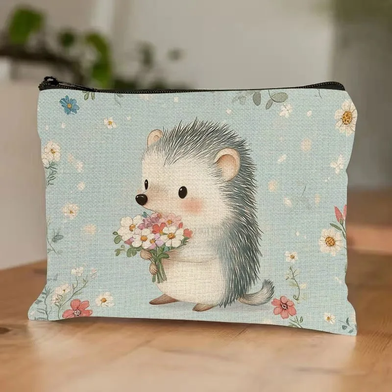Cute Hedgehog & Floral Design Pouch Lightweight Foldable Travel Cosmetic Bag Zippered Makeup Organizer for Women Toiletry Bags - Image 3