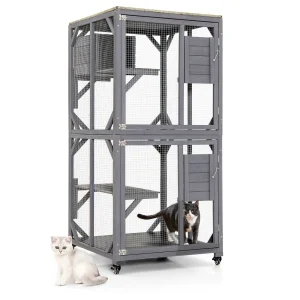 DORTALA Wooden Cat House Kitten Cage Enclosure on Wheels w/Asphalt Roof  2 Platforms