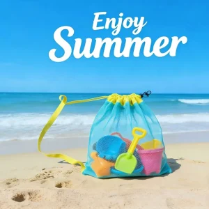 Drawstring Sandproof Mesh Beach Tote Stores Shells Clothing Towels Ideal for Travel Getaway Swimming and Daily Beach Use