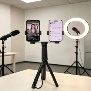 Dual Phone Tripod Stand 2-Clip Handheld Selfie Stick Tabletop with 1/4 Screw for Live Streaming Vlog Video Recording Tik