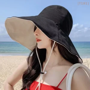 [E] Wide Brim Sun Hat Women Anti-UV Protection Hiking Fisherman Cap Fold Summer Solid Beach Hat Double Sided Sun Hat