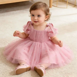 Elegant Party Dress For Kids Pearls Beading Bow Princess Dress For Baby Girls Wedding Birthday Baptism Christening Formal Gown